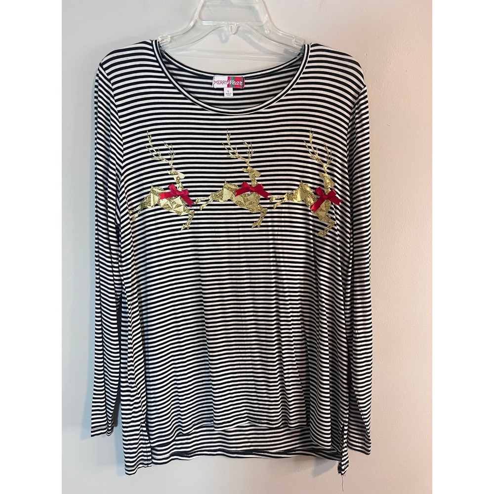 Merry Wear Womens Reindeer Stripe Long Sleeve Holiday Top Ivory Black Gold L